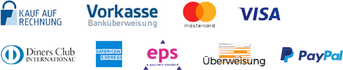 Zahlungsarten: Visa, Diners Club, Mastercard, Sofortüberweisung, Kauf auf Rechnung, PayPal